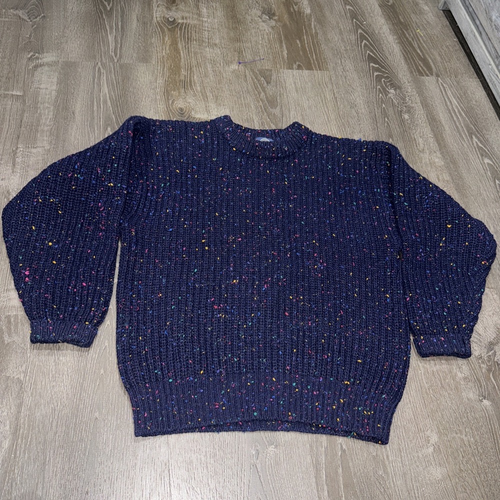 VTG 80s GAP 100% Wool Knit Sweater Mens L Blue Fleck Chunky EUC Crewneck